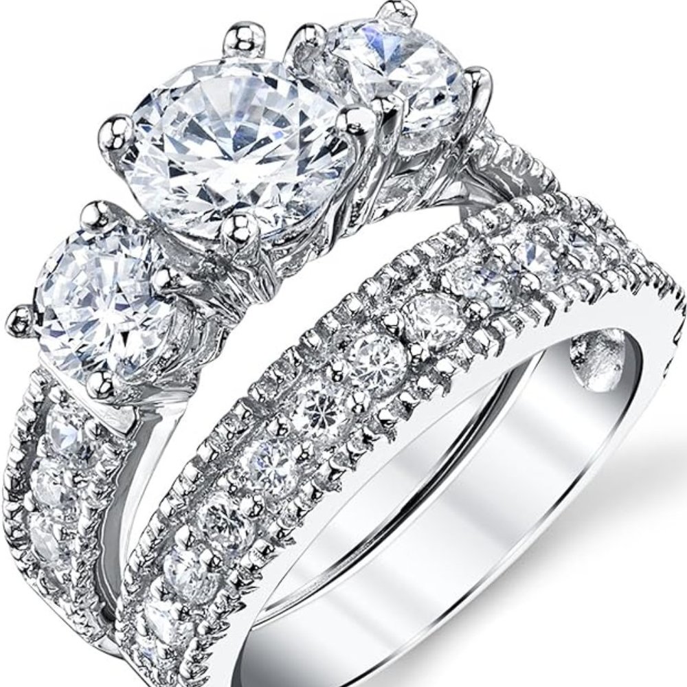 Wedding Band 1.25 Carats Sterling Silver Past Present Future 2-Pc Bridal
